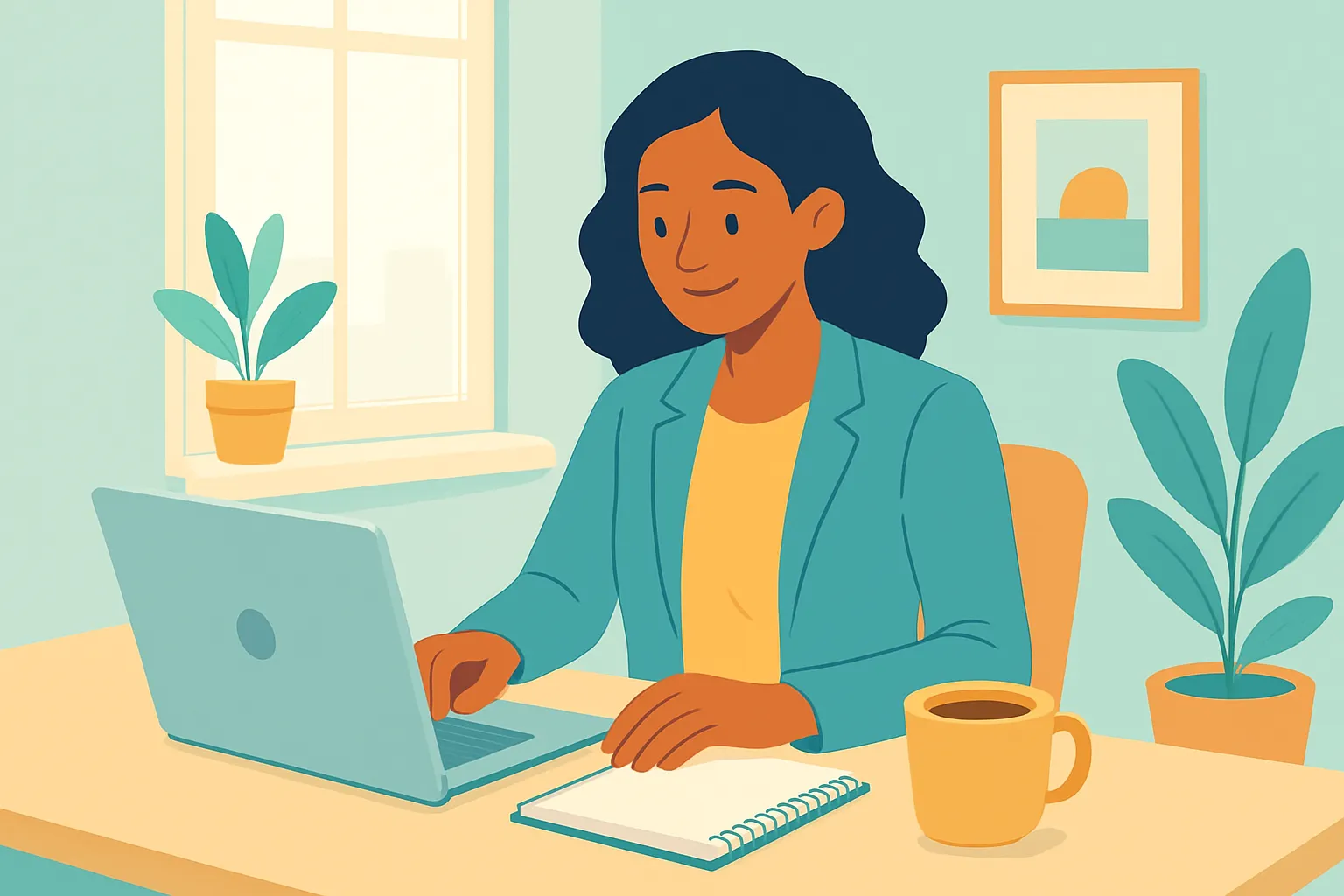 Consultant working from a home office with laptop and notebook