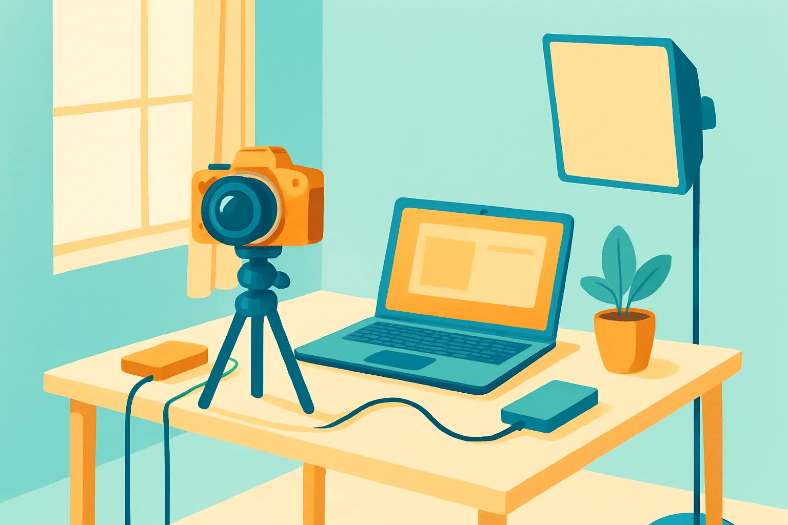 Photographer workspace with camera and backup drives